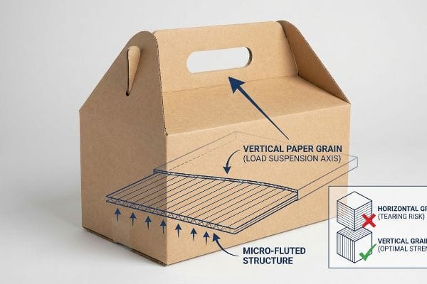 ゲーブルボックスの木目強度 茶色の微細溝加工を施した波形切妻型箱。縦方向の紙目が最適な荷重支持を実現し、横方向の紙目が引き裂かれるリスクと対照的である。.