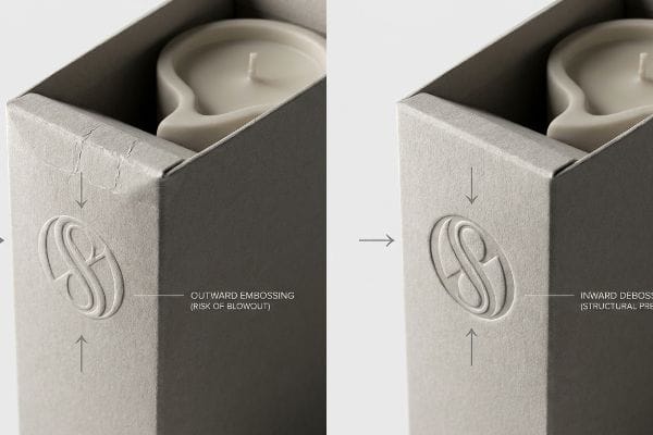 エンボス加工とデボス加工のパッケージング キャンドルボックスのクローズアップ比較。パッケージの完全性に関して、外向きエンボス加工(吹き出しのリスク)と内向きデボス加工(構造的保護)を比較している。.