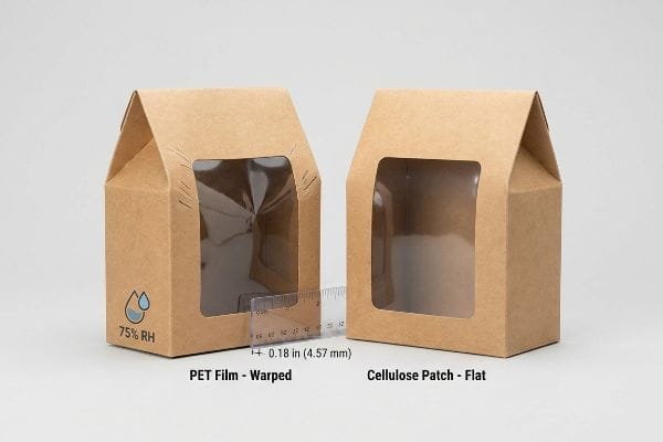 漂白されていないクラフト紙製のゲーブルボックスが2つあり、左側のボックスはPETフィルム製の窓が75%RHで0.18インチ（4.57mm）反り返っているのに対し、右側のボックスはセルロースパッチ製の平らな窓になっている。.