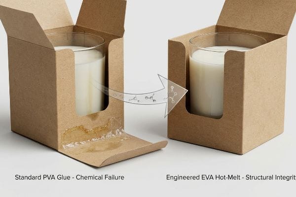 PVA接着剤とEVA接着剤の比較 PVA接着剤の化学的劣化が見られる茶色のクラフト紙製キャンドルボックスと、構造的完全性を確保するためにエンジニアードEVAホットメルト接着剤が使用された無傷のボックス。.