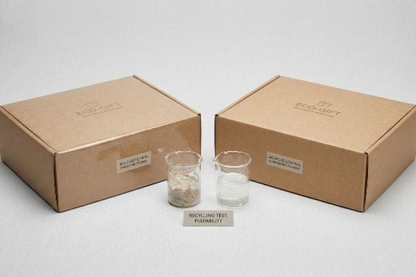 エコギフトボックスのパルプ性試験：バイオプラスチックフィルムはリサイクル不適格、一方、水性コーティングはリサイクル可能。.
