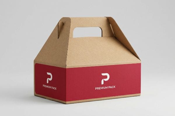 Caixa de cartão kraft natural com formato de gable, etiqueta vermelha "Premium Pack" e pega integrada recortada, ideal para o retalho de produtos de fácil acesso.