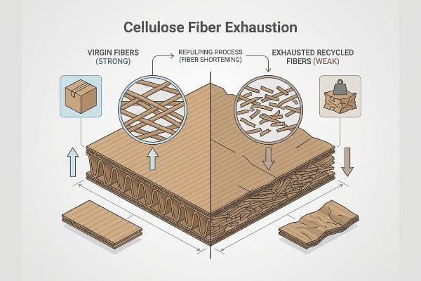 Esgotamento da fibra de celulose A secção transversal do cartão canelado ilustra o esgotamento das fibras de celulose: fibras virgens resistentes no cartão novo versus fibras recicladas fracas e encurtadas após o repolpamento.