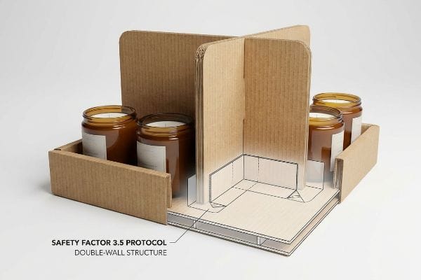 二重壁構造と安全率3.5プロトコルの図解が描かれた、琥珀色のガラス瓶が置かれた段ボール製のキャンドル陳列トレイ。.