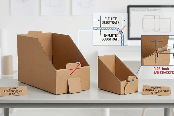 Unidades de exposição de cartão canelado: unidade de exposição de chão com ondulação B correta, unidade de balcão com ondulação B em escala incorreta com fissuras na aba de 0,25 polegadas e diagrama de substrato com ondulação E.