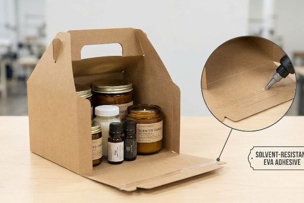EVA粘着式ゲーブルボックス クラフト紙製のゲーブルボックス。香りのついたキャンドルとエッセンシャルオイルが入っており、底部の留め具には耐溶剤性のEVA接着剤が使用されています。.