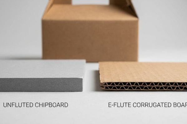 チップボード vs Eフルート 溝なしチップボードとEフルート段ボールのサンプルを並べて展示し、それぞれの構造の違いを示した。.