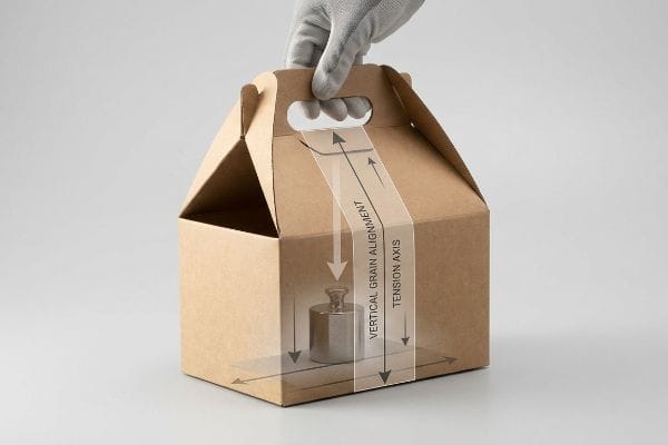 Caixa de cartão Kraft com formato de gable, segura por uma mão enluvada, ilustrando o alinhamento vertical das fibras e o eixo de tensão com um peso interno.