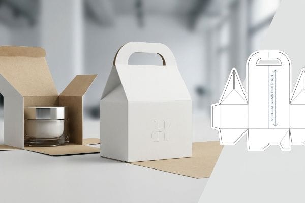 化粧品容器が入ったクラフト紙の箱、エンボス加工された「H」ロゴが入った白い取っ手付きのゲーブルボックス、そして縦方向の繊維方向を示すダイライン。.