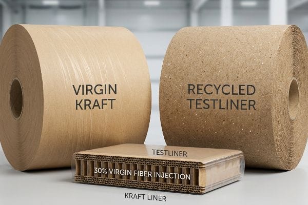 Comparação entre bobinas de papel Kraft virgem e Testliner reciclado, com uma amostra de Testliner ondulado a apresentar 30% de injecção de fibra virgem e revestimento Kraft.