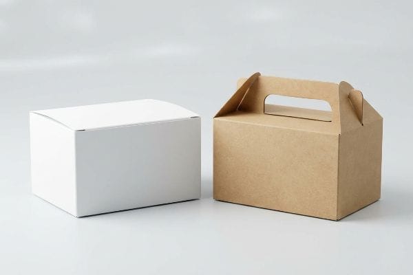 持ち手が付いた茶色のクラフト紙製の三角箱の隣に、白い差し込み式のギフトボックスが置かれている。.
