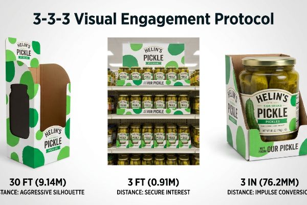 Helin's Pickle retail displays for the 3-3-3 Visual Engagement Protocol: aggressive silhouette, secure interest, impulse conversion.