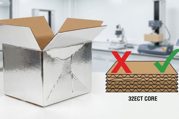 32ect Core Flute Density Silver foil-lined open corrugated box with an illustration comparing weak and strong 32ECT Core flute density.