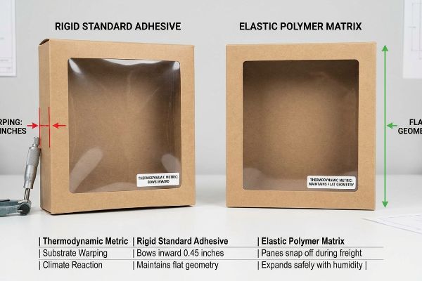 Micrometer measures 0.45-inch inward warp on Rigid Standard Adhesive box, contrasting with flat Elastic Polymer Matrix box. Thermodynamic Metric.