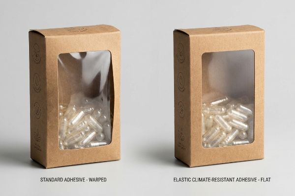 Kraft paper window boxes show warped Standard Adhesive vs. flat Elastic Climate-Resistant Adhesive, both with clear capsules.