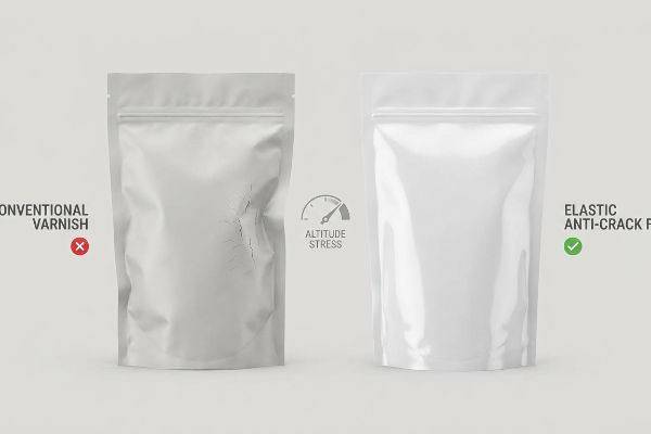 White flexible barrier pouches: Conventional Varnish shows cracks from Altitude Stress, Elastic Anti-Crack Film remains intact.