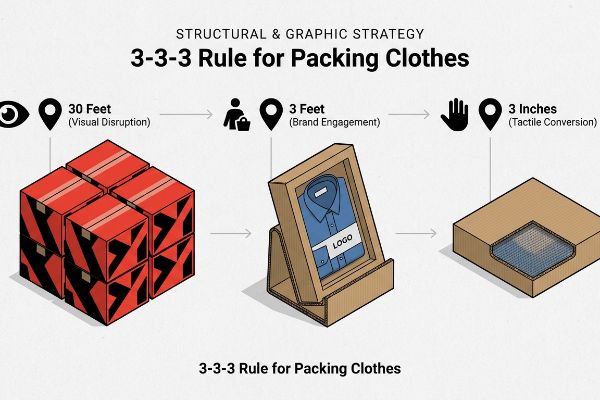 3-3-3 Rule for Packing Clothes: Visual Disruption, Brand Engagement, Tactile Conversion stages.