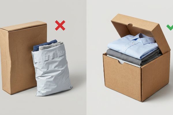 A poly mailer and a flimsy box with wrinkled clothes contrasted with a sturdy corrugated box holding neatly folded apparel.
