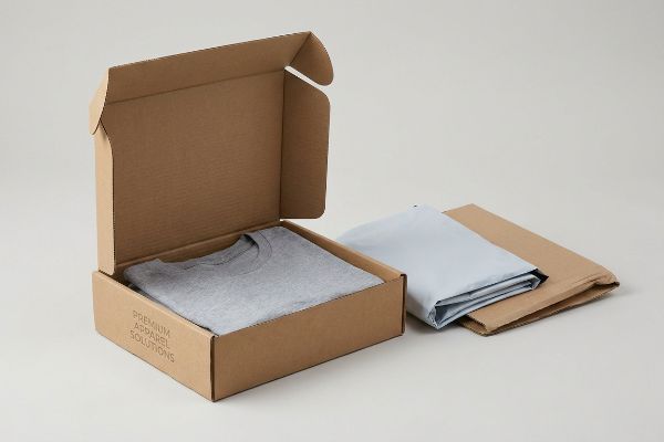 An open brown E-flute corrugated box with a grey t-shirt, marked 'Premium Apparel Solutions', beside a light blue poly and kraft mailer.