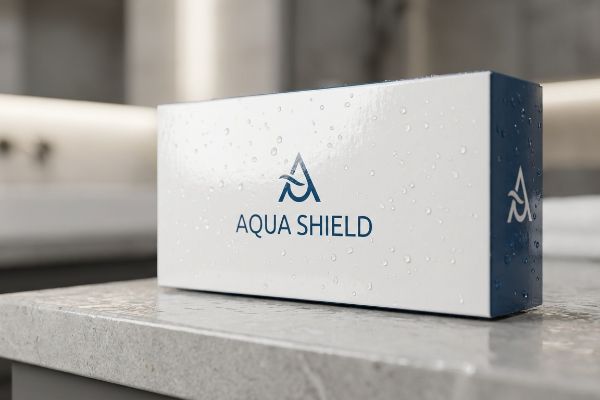 Aqua Shield Box Water Droplets A white Aqua Shield box with a blue wave logo, covered in water droplets, showcasing its water-resistant finish on a damp stone countertop.