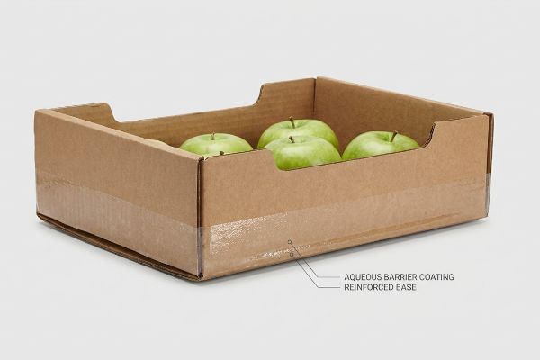 Brown corrugated fruit tray with green apples, featuring an Aqueous Barrier Coating and Reinforced Base for moisture resistance.
