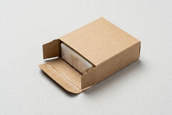 Kraft Carton Industrial Adhesive Seal Textured brown kraft paperboard folds into a precise ninety-degree corner where a thick bead of industrial adhesive seals the bottom flap.