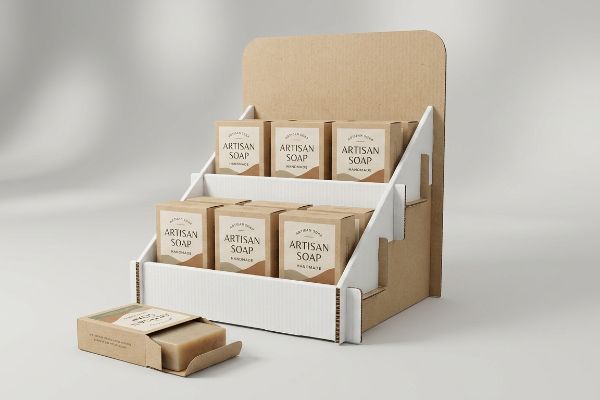 Kraft Soap Box Open A retail cardboard display showcases nine kraft paper boxes of Artisan Soap Handmade, with one open box revealing a bar.