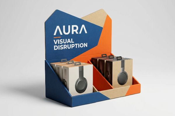 Verkaufsdisplay aus Karton für Aura Visual Disruption Kopfhörer in Blau, Orange und Kraftpapier, mit Produktboxen mit Kopfhörergrafiken und Tragegriffen.