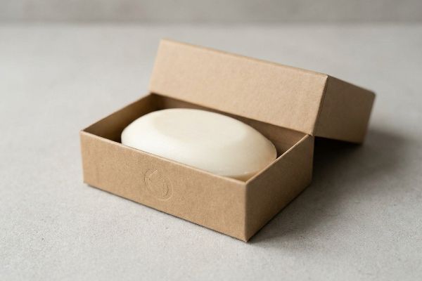 Embossed Kraft Soap Box An open brown cardboard box displays a smooth, oval-shaped bar of light-colored soap, featuring a subtle embossed logo.