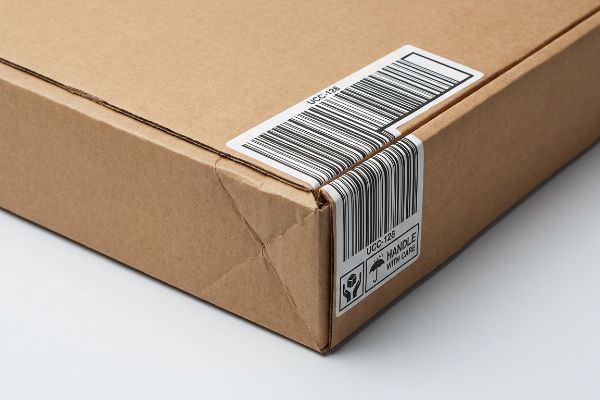 Barcode Crease Wrap Hazard Brown corrugated shipping box corner with a UCC-128 barcode label showing 'Handle With Care' icons, illustrating barcode crease wrap.
