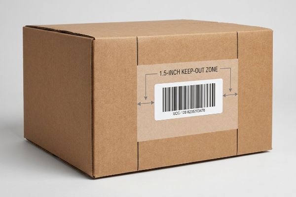 Brown corrugated master carton with a UCC-128 logistics barcode label, showing a 1.5-Inch Keep-Out Zone for proper scanning.