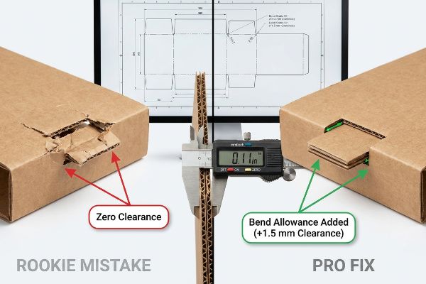 Corrugated cardboard box showing a Rookie Mistake (Zero Clearance) versus a Pro Fix (Bend Allowance Added +1.5 mm Clearance), with a 0.11 in caliper measurement.