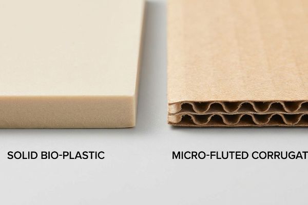 Solid Bio Plastic Micro Fluted Comparison Solid Bio-Plastic block next to Micro-Fluted Corrugated board, showcasing their structural differences for packaging.