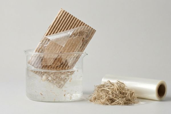 Bioplastic Film Separation Test Clear bioplastic film separating from wet corrugated cardboard in a beaker, with dry hemp fibers and a plastic roll, showing recycling difficulty.