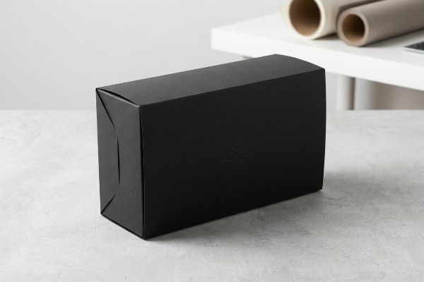 Matte black straight tuck folding carton with subtle embossed logo, showcasing seamless luxury packaging design.