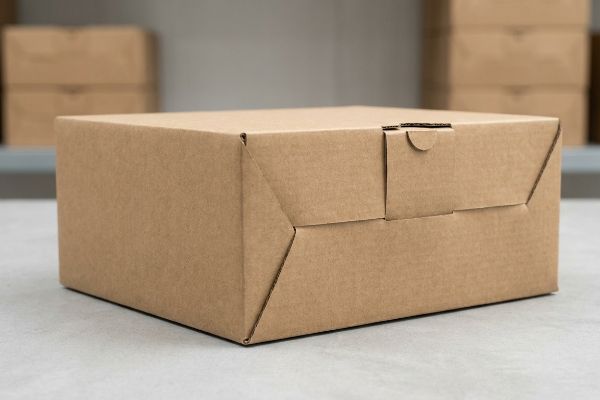 Ein stabiler, geschlossener brauner Wellpappkarton, der für stumpfe Verpackungen und logistische Effizienz konzipiert ist, ruht auf einer hellen Oberfläche.