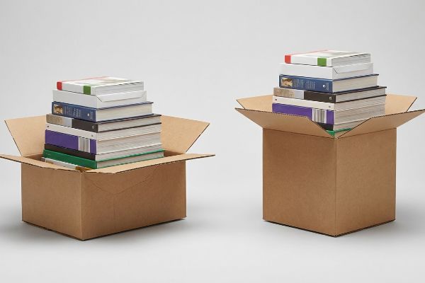 Brown corrugated cardboard boxes hold stacks of diverse books, demonstrating structural support for heavy retail payloads.