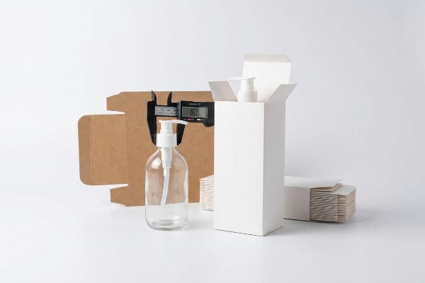 Clear glass pump bottle with white dispenser, measured at 16.0 mm by a digital caliper, next to packaging boxes.
