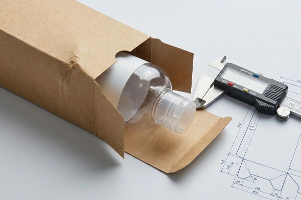 Packaging Dieline Caliper Measurement A clear PET shampoo bottle partially inserted into a brown kraft folding carton, with a digital caliper resting on a packaging dieline blueprint.