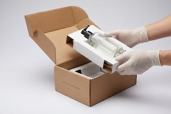 Gloved hands place clear pump bottle in white die-cut insert within brown corrugated box, 'Biodegradable Technology'.