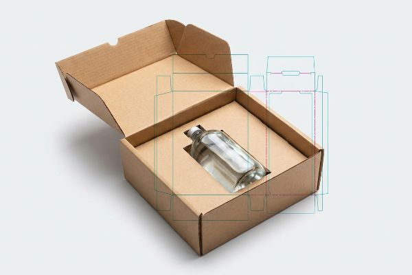 Cad Dieline Bottle Packaging Brown corrugated cardboard box with a die-cut E-flute insert cradling a clear glass bottle, overlaid with blue and red CAD dieline outlines.