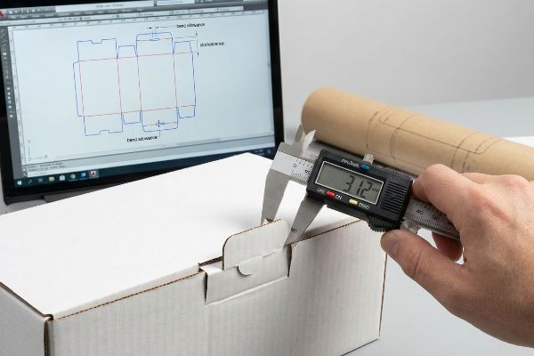 Digital caliper measures white corrugated box thickness at 3.12mm, alongside a laptop showing a dieline with bend allowance.