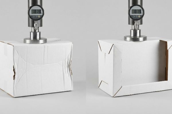Box Compression Failure 187 5 Lbs Corrugated white box buckling at 187.5 LBS under a compression press, next to an undamaged box.