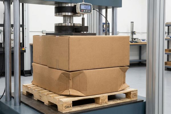 Brown corrugated boxes undergoing compression testing on a GMA pallet, showing 450 lbs of force causing the bottom box to buckle.