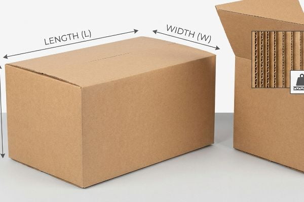 Brown corrugated cardboard boxes illustrating L x W x D dimensions with arrows, and a close-up revealing vertical flutes for structural integrity.