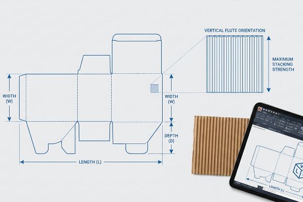 Box Dimensions Vertical Flute Corrugated box blueprint with L, W, D dimensions, showing Vertical Flute Orientation for Maximum Stacking Strength.