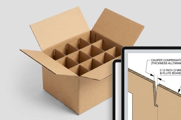 Brown corrugated box with 16-cell divider, alongside a tablet displaying Caliper Compensation for 0.12 Inch (3 mm) B-Flute Board.