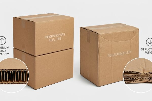 Virgin Kraft B-Flute boxes display maximum load capacity with intact flutes, contrasted by a Reused Mailer showing structural fatigue and crushed flutes.