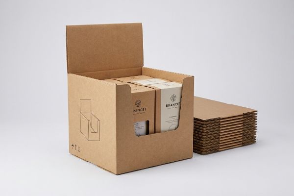 A retail display box made of kraft paper, filled with Brancet product boxes, next to a stack of unassembled flatpack cardboard units.