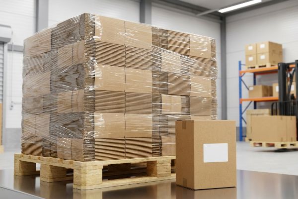 Shrink Wrapped Cardboard Boxes Pallet Bulk shrink-wrapped cardboard boxes on a pallet, with a single labeled box, in a warehouse setting.
